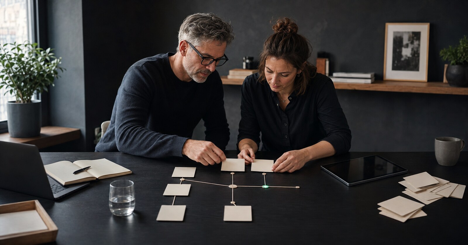 A small-business owner and advisor arranging a deliberately small connected marketing technology stack