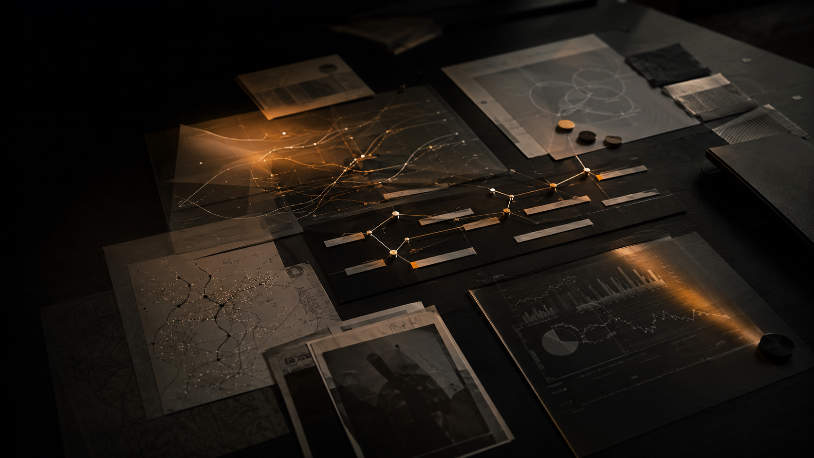 A dark editorial evidence board connecting marketing records and decisions